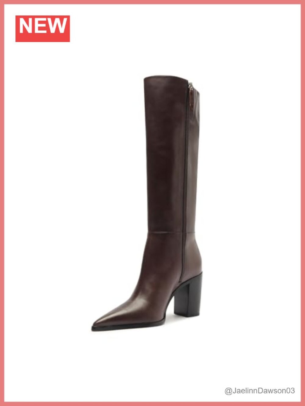 Knee High Leather Boots, Pointed Toe Block Heeled Zip Boots